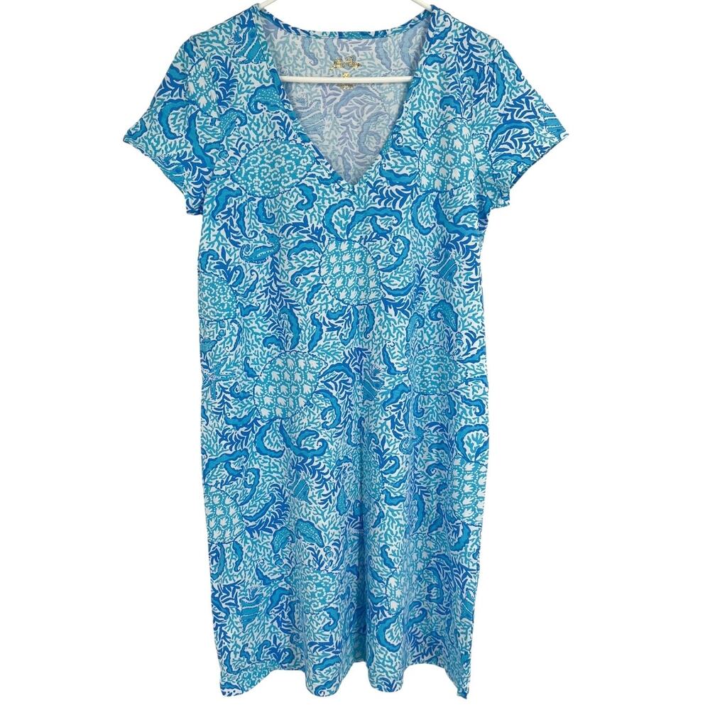 Lilly Pulitzer Etta Short Sleeve Dress Resort White Goombay Grooves Blue Women